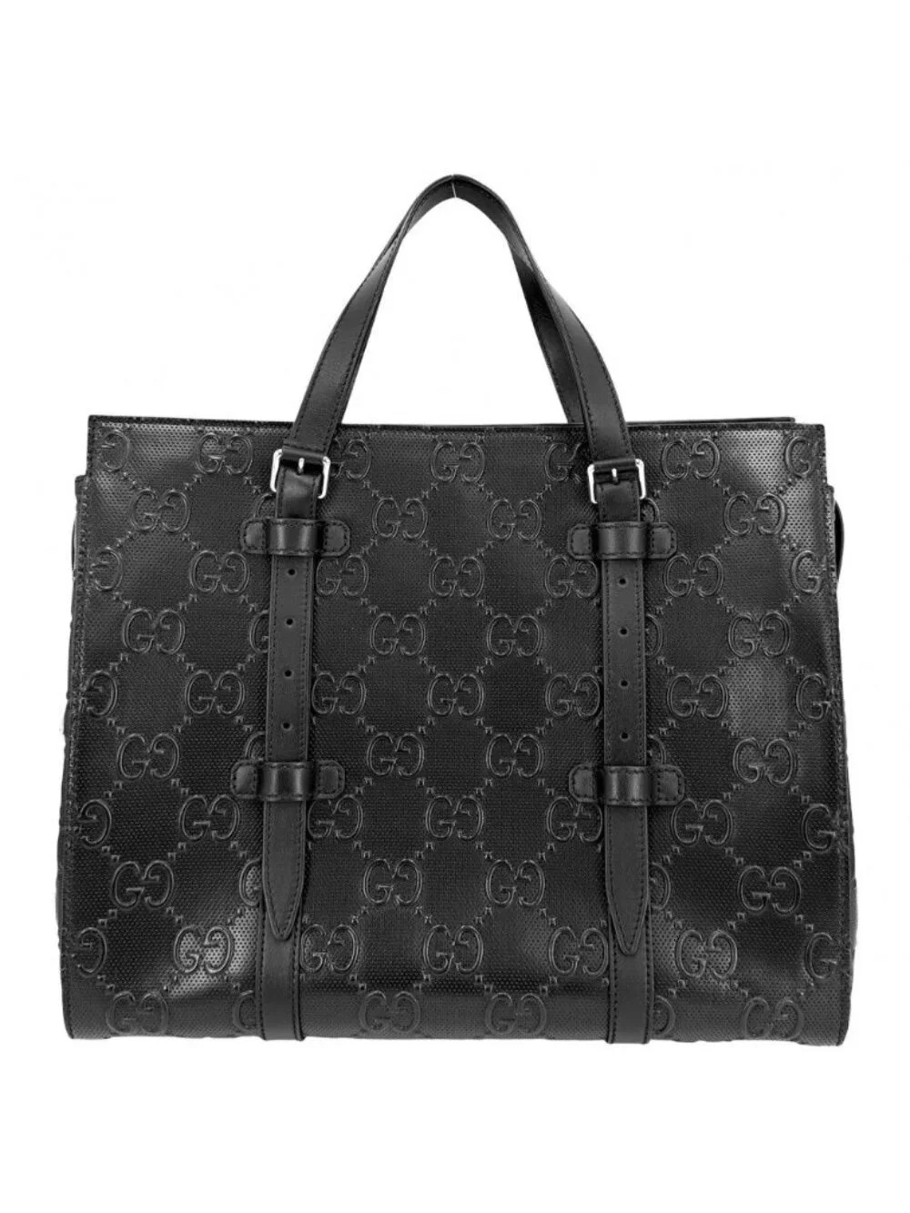 Gucci Tote GG Embossed Handbag Shoulder Leather Black Silver